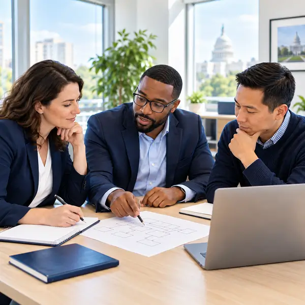 Agency representatives and application consultants reviewing a workflow plan during a project planning meeting.