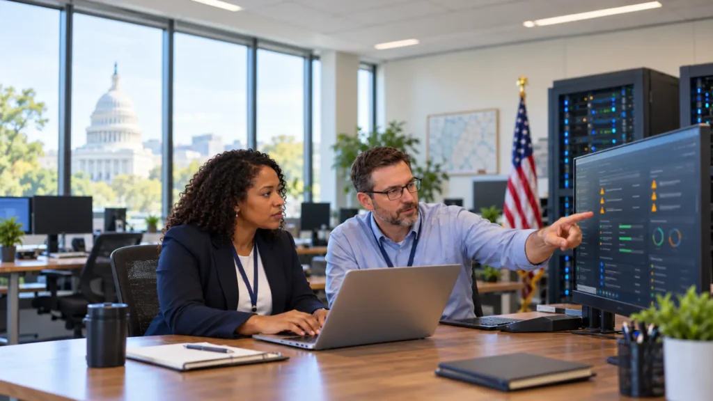 Two government IT professionals reviewing a security patch dashboard in a municipal office