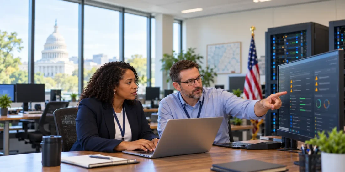 Two government IT professionals reviewing a security patch dashboard in a municipal office