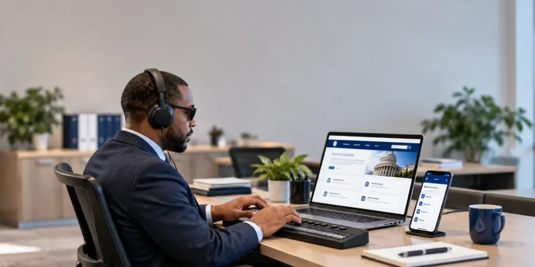 Government employee using accessible digital applications and Braille technology in a modern federal office, illustrating Section 508 compliance.