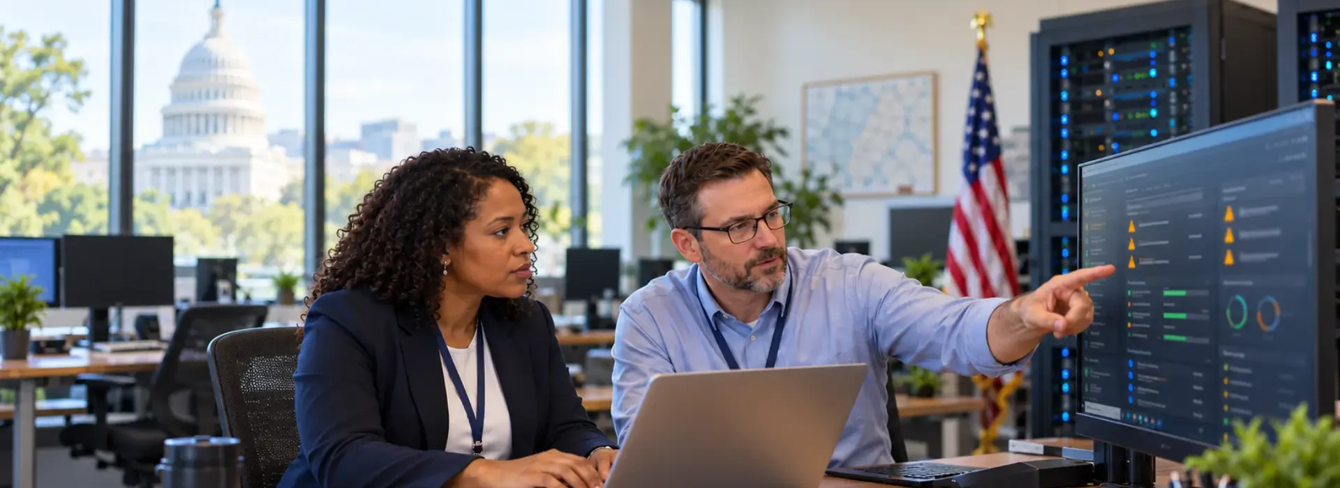 Two government IT professionals reviewing a security patch dashboard in a municipal office